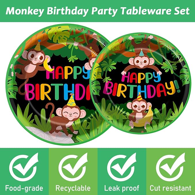 96 Pcs Monkey Birthday Party Supplies Jungle Monkey Birthday Paper Plates Napkins Jungle Animal Party Decorations Wild Animal Disposable Dinnerware Favor for Kids Baby Show Tableware Serves 24