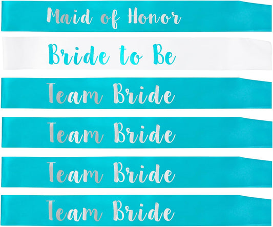 6 PACK Bachelorette Sashes for Bride and Bridesmaid, Teal Blue Maid of Honor Team Bride Sashes for Bridal Shower or Bachelor Party Decorations, Silver Letter