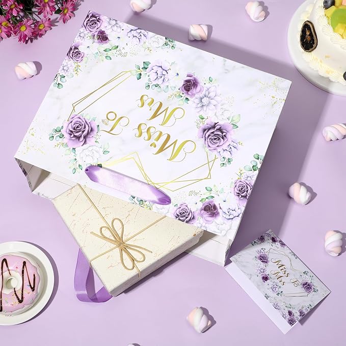 Yomaiha Purple Bridal Shower Gift Bag Wedding Miss to Mrs Gifts Bag with Tissue and Card Bridal Shower Gift Wrapping Paper Bag Floral Boho Wedding Gift Bags Bride Engagement Bachelorette Party Bag