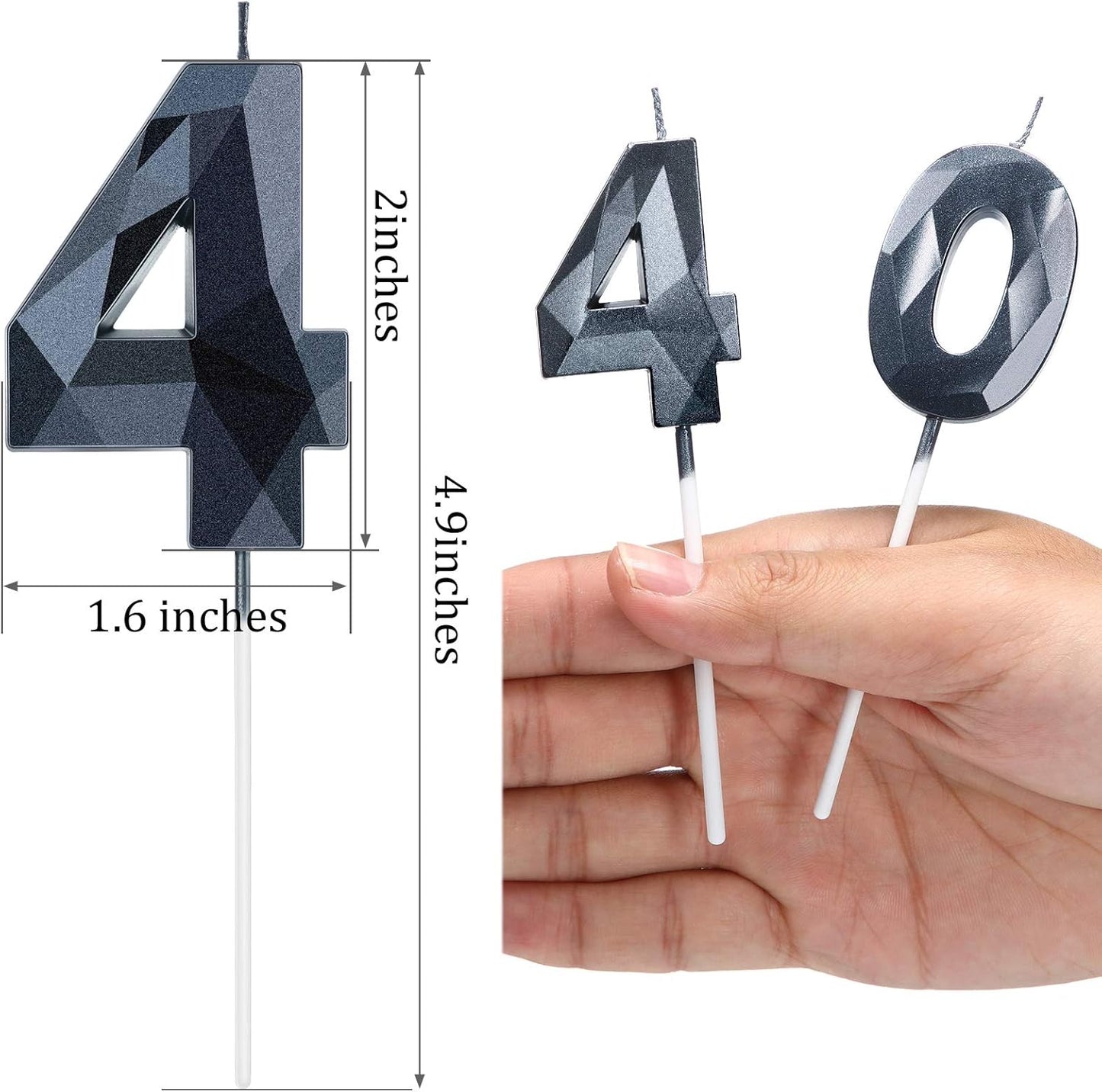 Nuanchu 40th Birthday Candles, Number 40 Happy Birthday Cake Topper 3D Diamond Shape Numeral Sparkler Candles for Men Women Party Wedding Decoration Theme Party (Black)