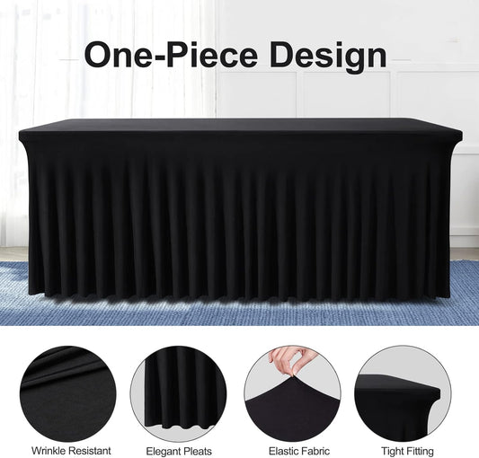 Table Skirts for Rectangle Tables 8ft - 2 Pack One-Piece Black Tablecloths and Skirt, Wrinkle Resistant Ruffles Elastic Cover for Banquets, Weddings, Events, Parties