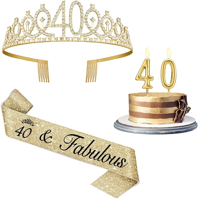 40th Birthday Decorations for Her with 40th Birthday Sash and Crown, Candles Gold, Gifts for 40 Year Old Woman