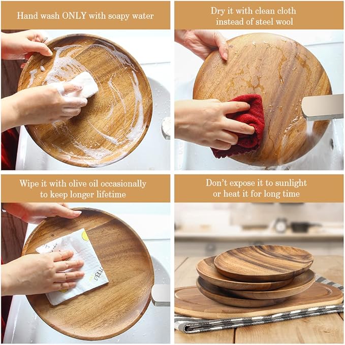 IQCWOOD Wooden Dinner Plates, 6 Inch Round Wood Plates Set of 4, Acacia Wooden Plates Round Tray Easy Cleaning Serving Platter for Food Dessert Salad Plate Fruit Platters