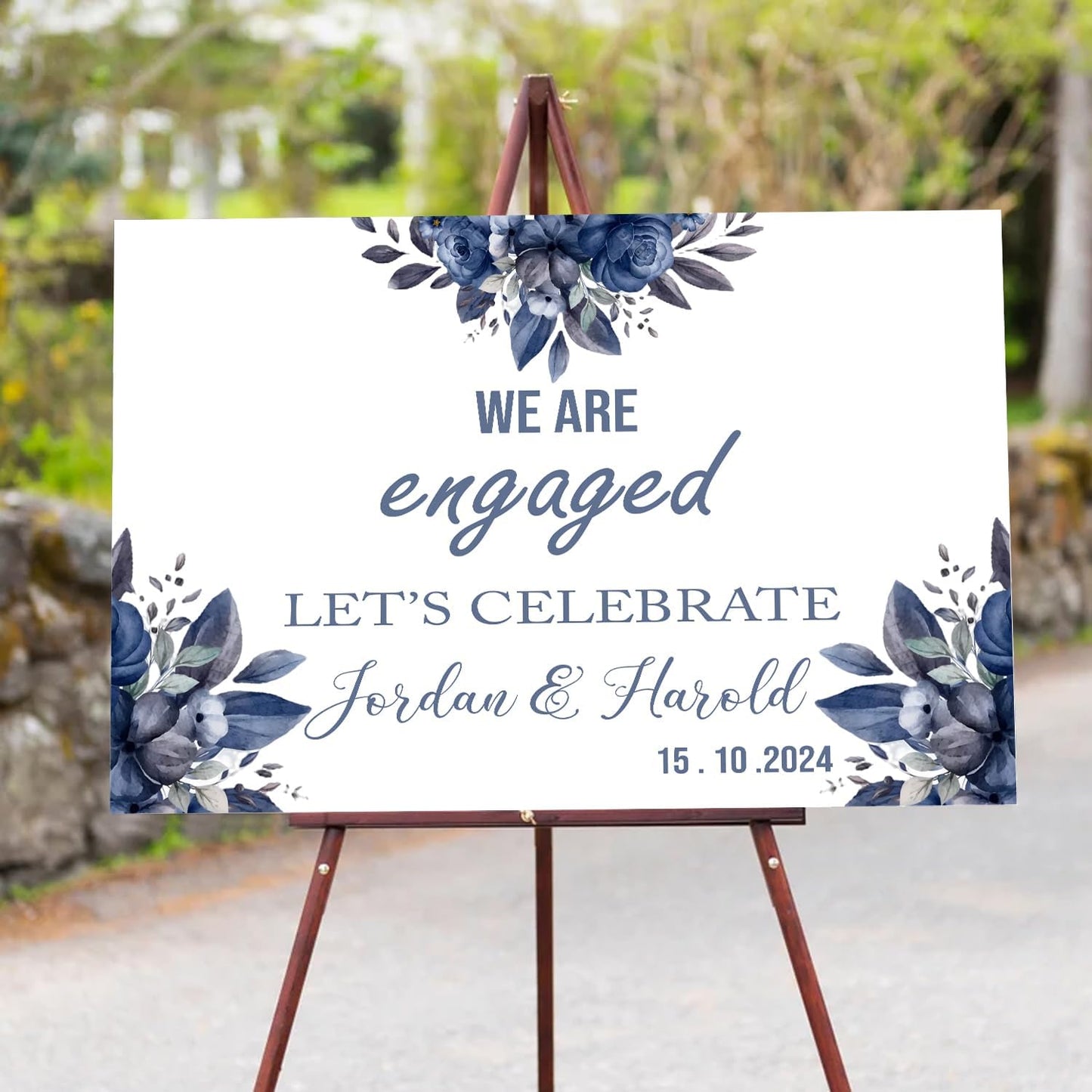 Blue Rose Flower Engagement Welcome Sign - We Are Engaged Minimalist Photo, Rustic Decor for Our Party