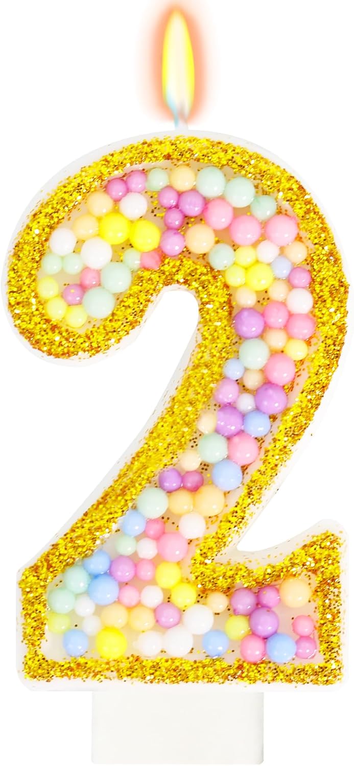 2nd Birthday Candle for Cake, Colorful Macaron Numeral Candles for Boys/Girls, Birthday Party Cake Decorations, Golden Cake Topper for Birthday Party Supplies (Number 2)