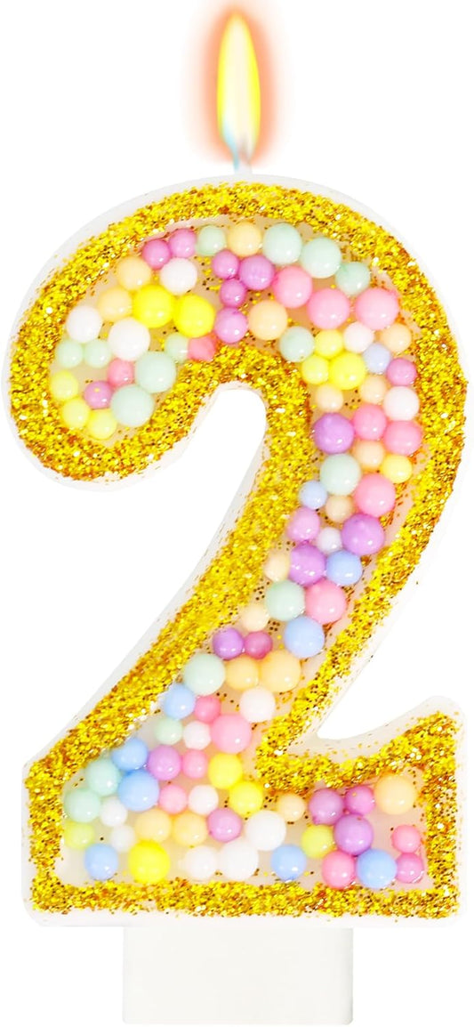 2nd Birthday Candle for Cake, Colorful Macaron Numeral Candles for Boys/Girls, Birthday Party Cake Decorations, Golden Cake Topper for Birthday Party Supplies (Number 2)