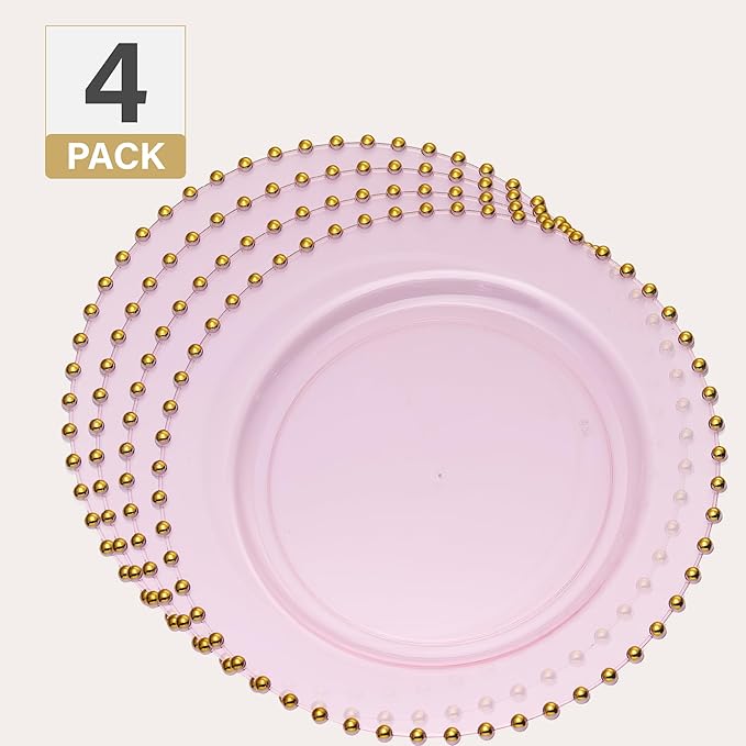 PLASTICPRO Translucent Pink with Gold Rim Plastic Charger Plates with Beaded Edge – Pack of 4 – 13" Elegant Round Disposable Chargers for Weddings, Events, Parties, and Dinners