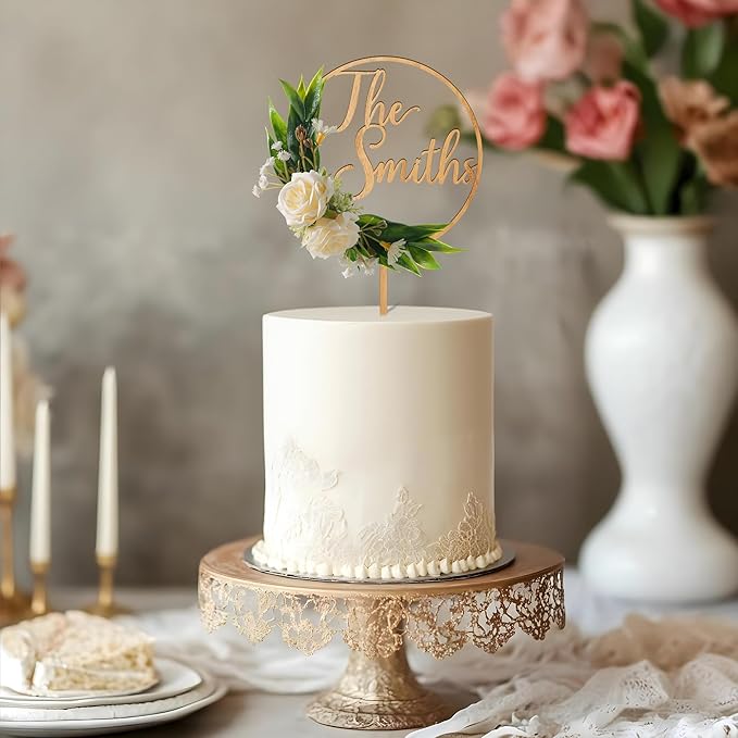 3D Flowers Wedding Cake Topper Personalized Last Name Wedding Cake Decoration in Wood with 3D Artificial Roses