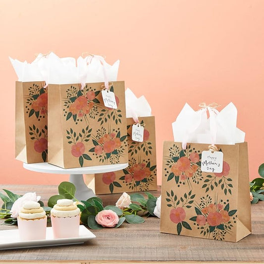 Juvale Floral Gift Bags - Reinforced Bottom & Ribbon Handles - Party Favor Bags - 8 x 4 x 9 in, Pack of 24, Pink