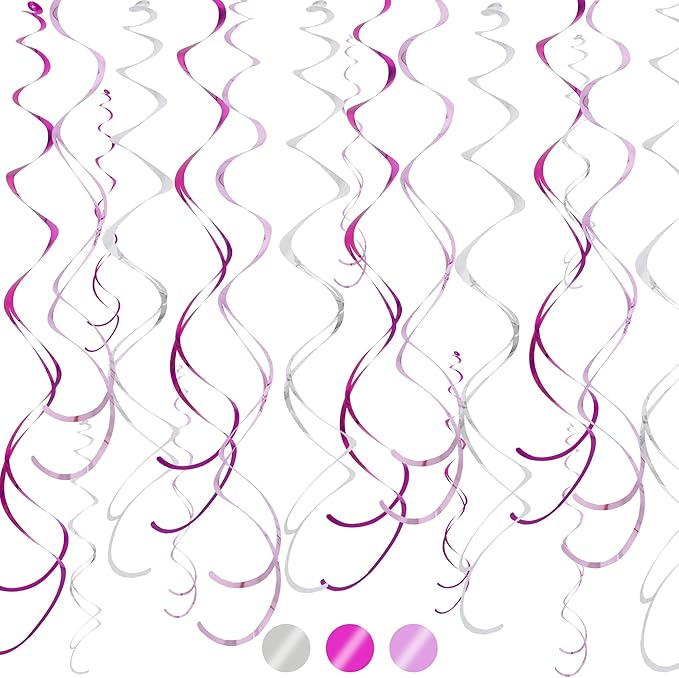 BEISHIDA Rose Gold and Red Silver Hanging Swirls Party Decorations Plastic Streamer for Valentine's Day Girl Birthday Wedding Graduation Mouse Theme Party Supplies, Pack of 24