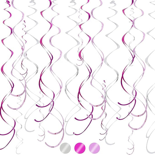 BEISHIDA Rose Gold and Red Silver Hanging Swirls Party Decorations Plastic Streamer for Valentine's Day Girl Birthday Wedding Graduation Mouse Theme Party Supplies, Pack of 24