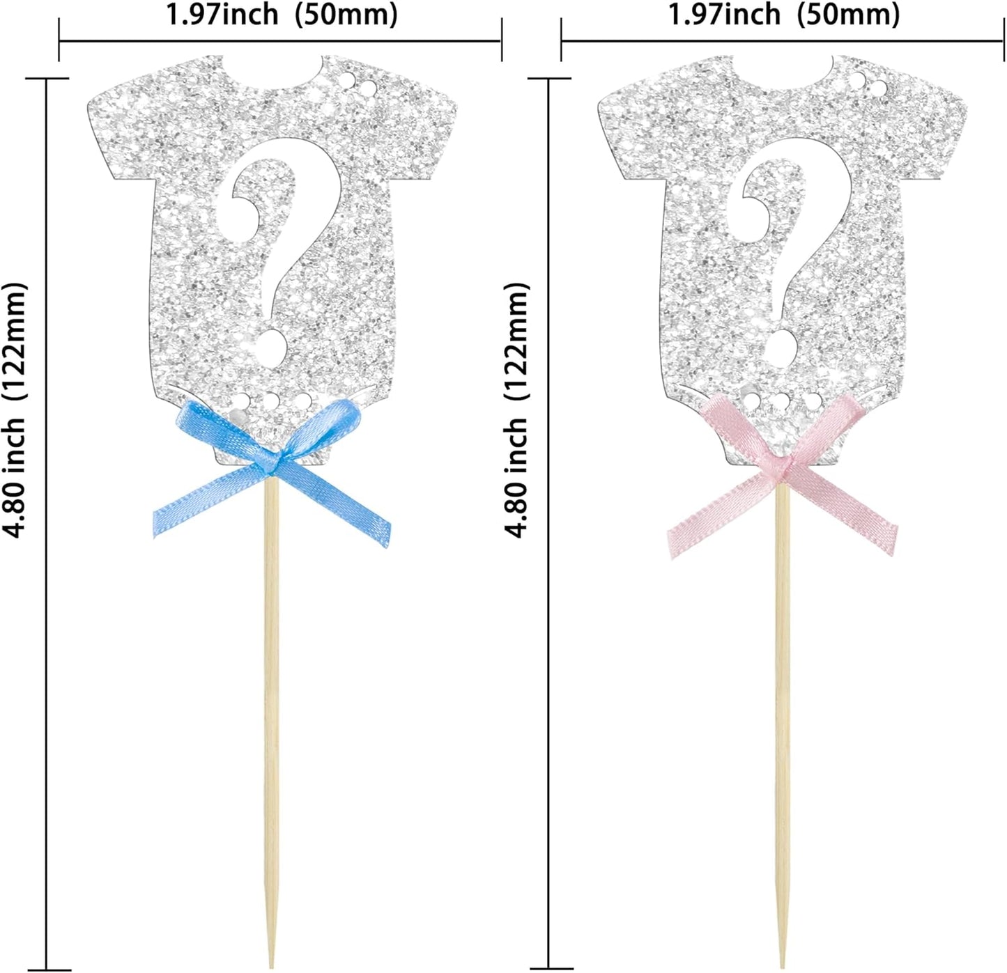 Ephlyn 24Pcs Gender Reveal Cupcake Toppers Glitter Pink Blue Bow Onesie Question Mark Boy or Girl Cake Topper Decorations for Baby Shower Theme Gender Reveal Kids Birthday Party Supplies Silver