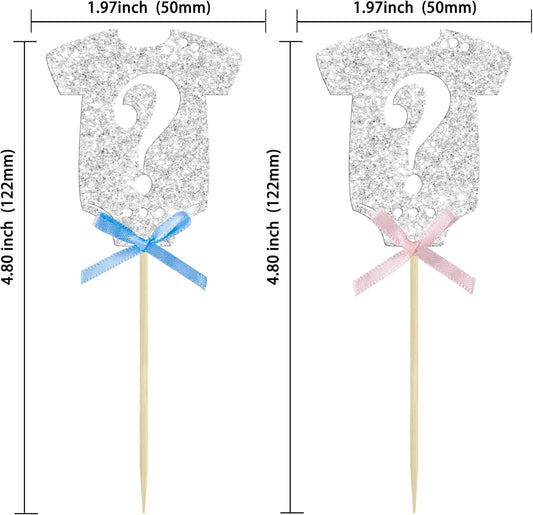 Ephlyn 24Pcs Gender Reveal Cupcake Toppers Glitter Pink Blue Bow Onesie Question Mark Boy or Girl Cake Topper Decorations for Baby Shower Theme Gender Reveal Kids Birthday Party Supplies Silver