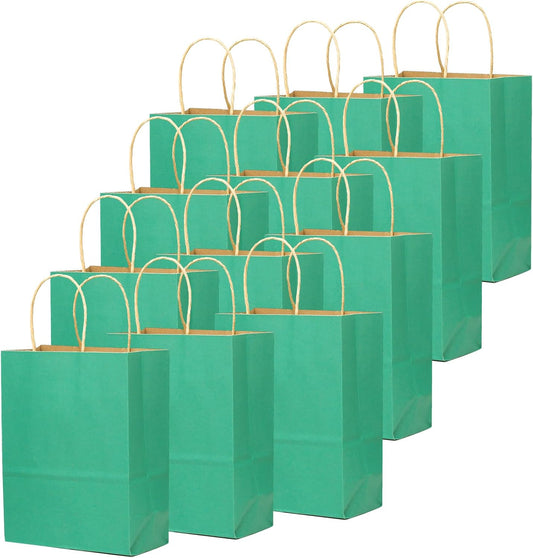 qiqee 100PCS Gift Bag with Handles Bulk Cyan Paper Bags Multiple Uses (11"x5"x8" Medium Size)
