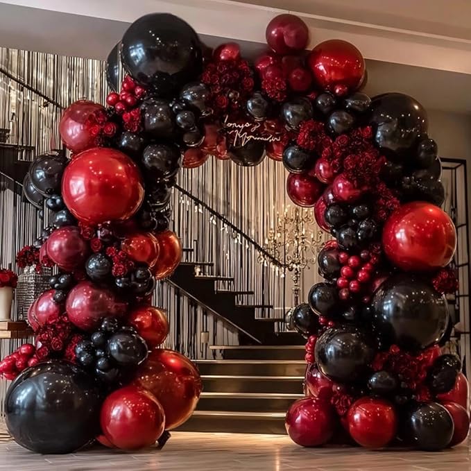 Black Red Balloon Arch Double Stuffed Black Burgundy Maroon Balloons Dark Ruby Red Metallic Balloon Garland Kit for New Year Birthday Wedding Valentines Anniversary Graduation Party Decorations