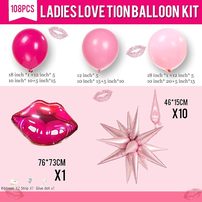 Pink Red Balloon Garland Arch Kit 108 Pcs with Foil Star Lip Balloons for Girl woman birthday Mother's Day Valentine galentines Bridal Shower Engagement Wedding theme party decorations