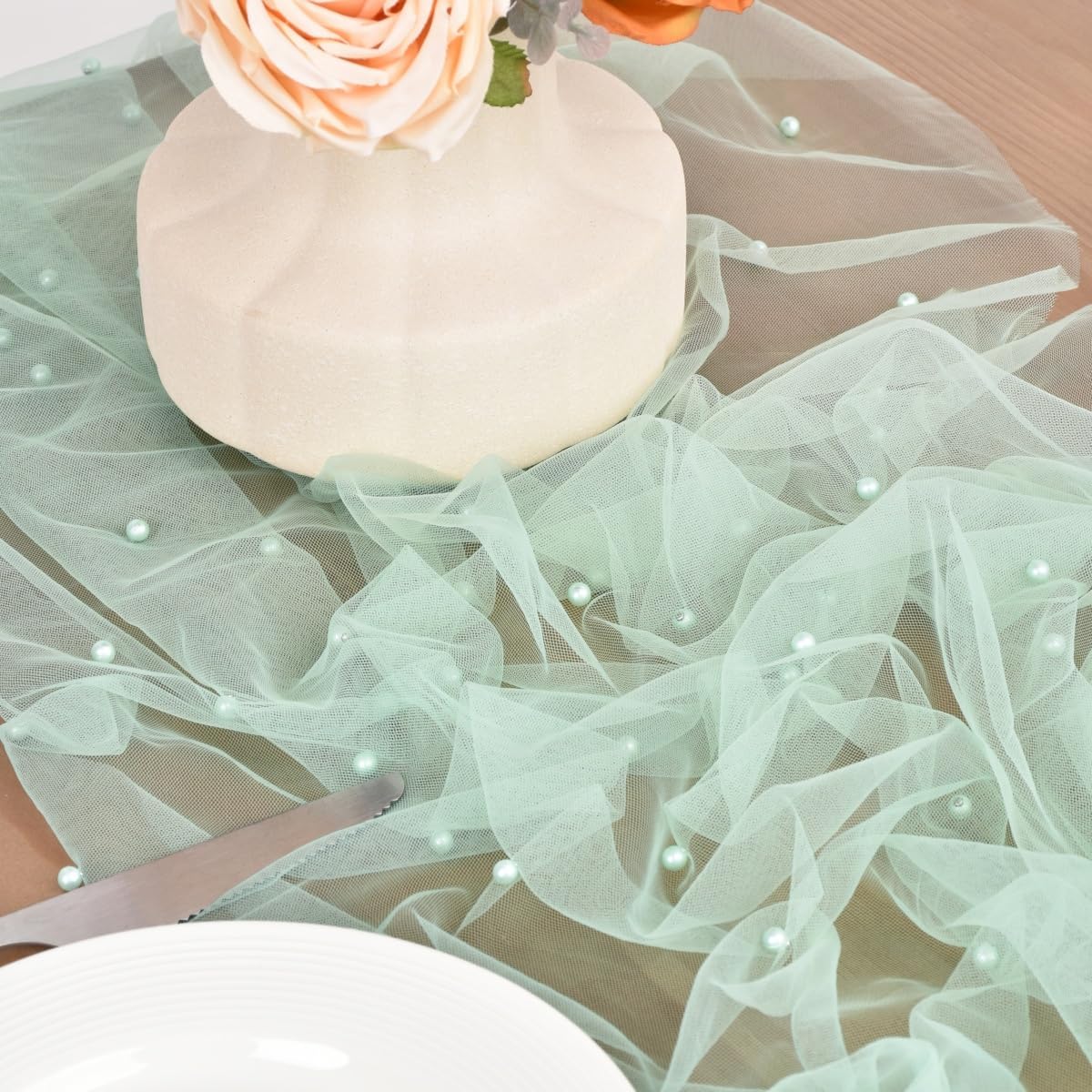 Sage Green Pearl Fall Thanksgiving Table Runner Boho Rustic Tulle Lace Table Runner for Baby Shower Wedding Arch Decor Veil Dessert Table Decor