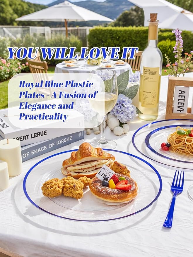 WDF 12 Inch Disposable Charger Plates - 25Pack Plastic Clear and Blue Charge Plates Perfect for Passover/Easter/Dinner/Wedding/Party/Elegant Tabletop Decor