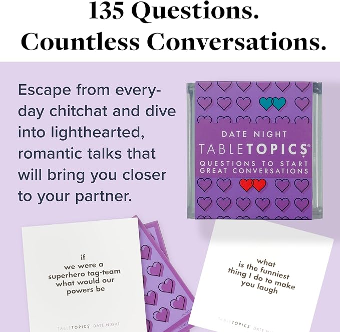 TableTopics Date Night Conversation Starter Card Game - 135 Questions for Romantic Evenings, Reconnect with Your Partner, Gift for Adult Couples Anniversaries & Valentine’s Day