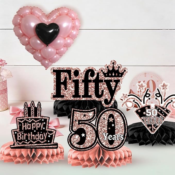 50th Birthday Decorations for Women, 38-Piece Black and Rose Gold 50 Years Old Party Supplies with Backdrop, Honeycomb Centerpieces, Banner, Hanging Swirls, Porch Banner, Balloons, Sash, Crown