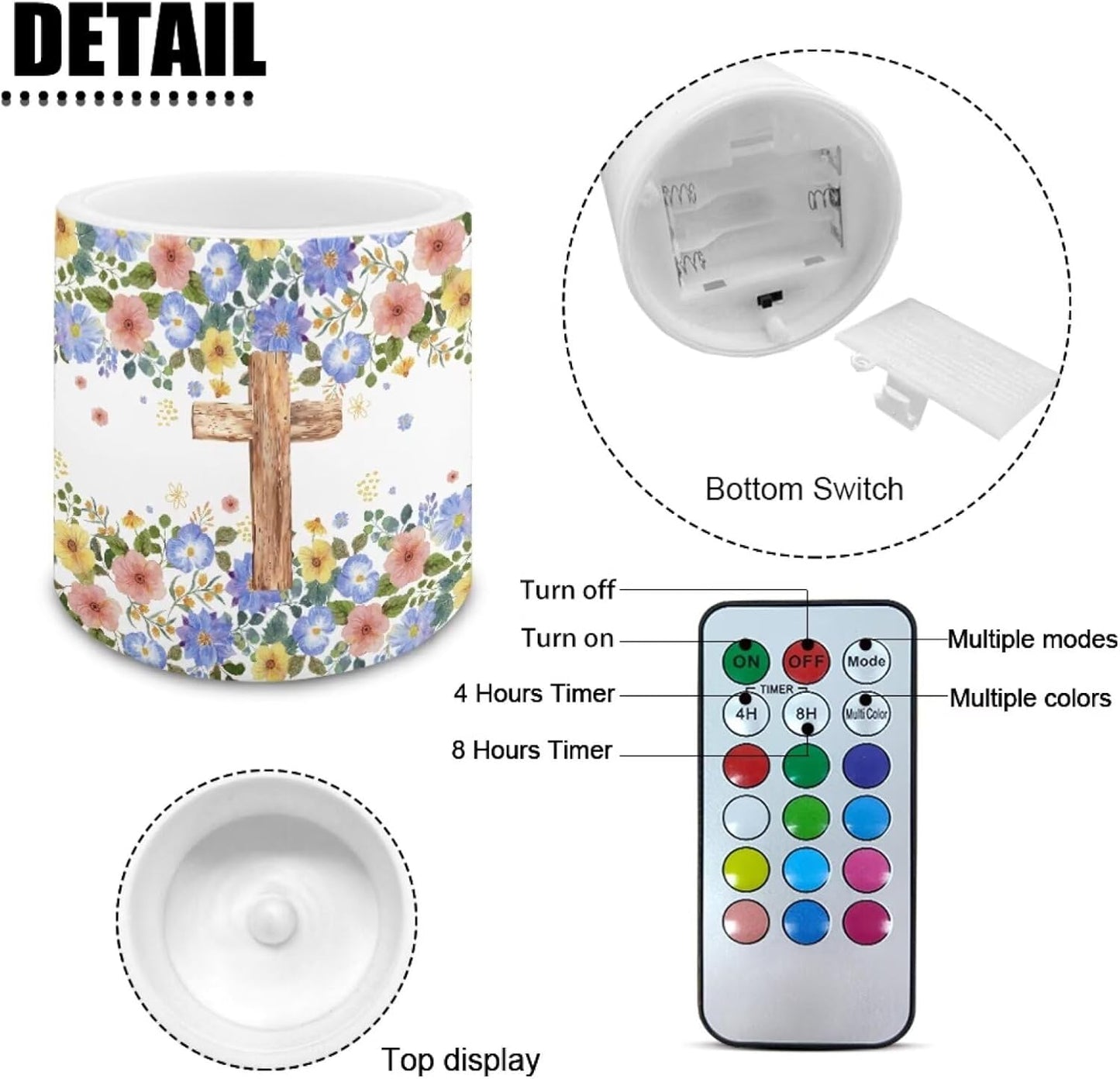 Poceacles Remote Control LED Candles Set of 4 Battery Powered Flameless Candles with Multi-Color Lighting Options, 12 Colors Changing, Timer Function, for Indoor Outdoor Decor, Floral Cross
