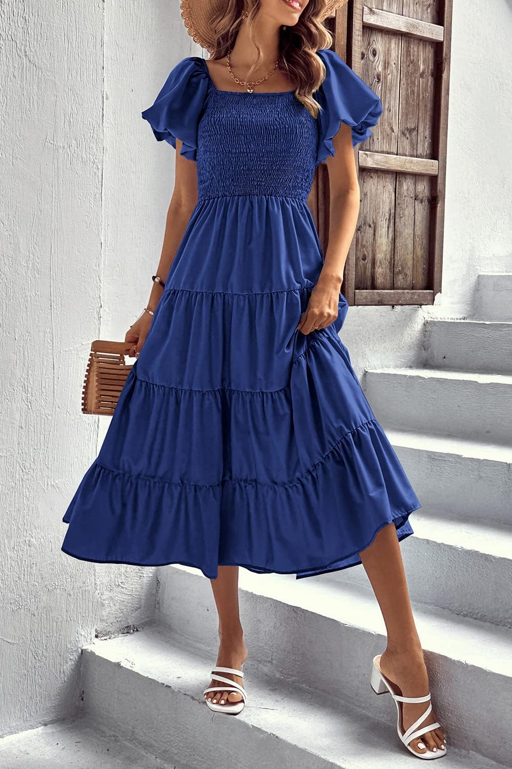 PRETTYGARDEN Women's Casual Summer Midi Dress Puffy Short Sleeve Square Neck Smocked Tiered Ruffle Dresses