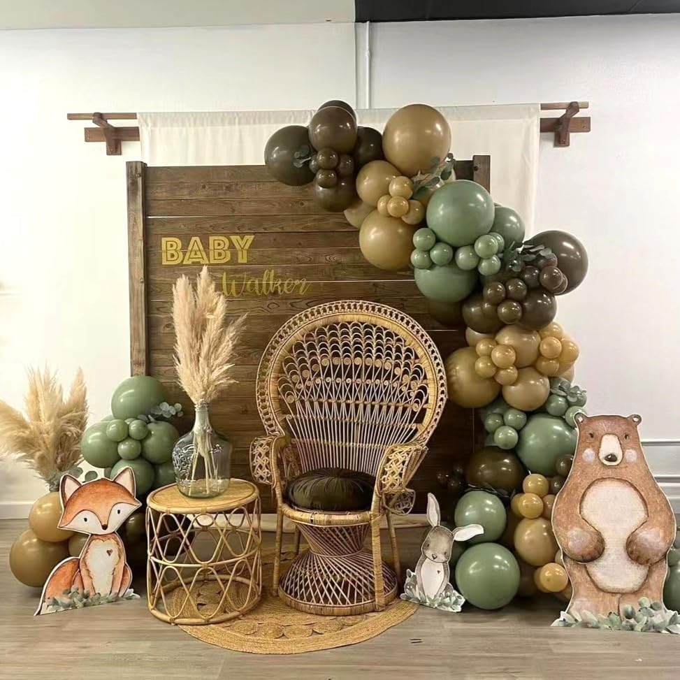 Sage Green and Brown Balloons, 12 Inch Olive Green Brown and Gold Jungle Safari Balloons for Baby Shower Camo Army Woodland Forest Hunting Wild One Birthday Party Decorations