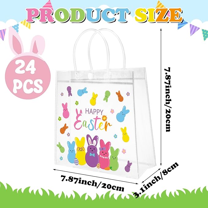 H1vojoxo Happy Easter Gift Bags - 24PCS Easter Colorful Bunny Clear PVC Tote Bags with Handle 7.87x3.1x7.87Inch Printed with Rabbits Clear Reusable PVC Gift Wrap Bags for Snack Candy Treat Party Favor