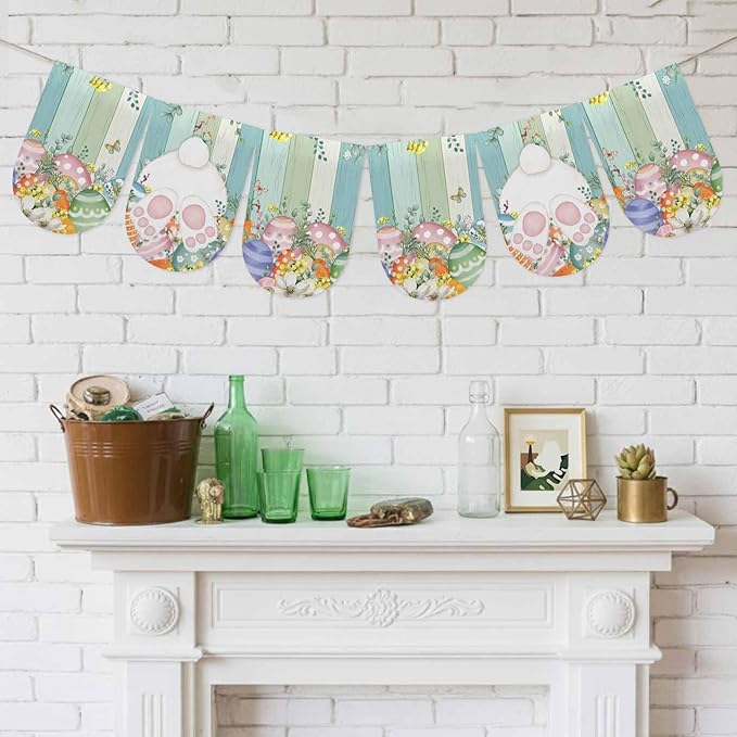 Cute Easter Bunny Banner 3Pcs Indoor Outdoor Hanging Banner Flag Eucalyptus Leaves Colorful Eggs Wooden Sign for Fireplace Mantel Decorative Bunting Garland Valance for Shop Door Decor 7.9"x11.8"