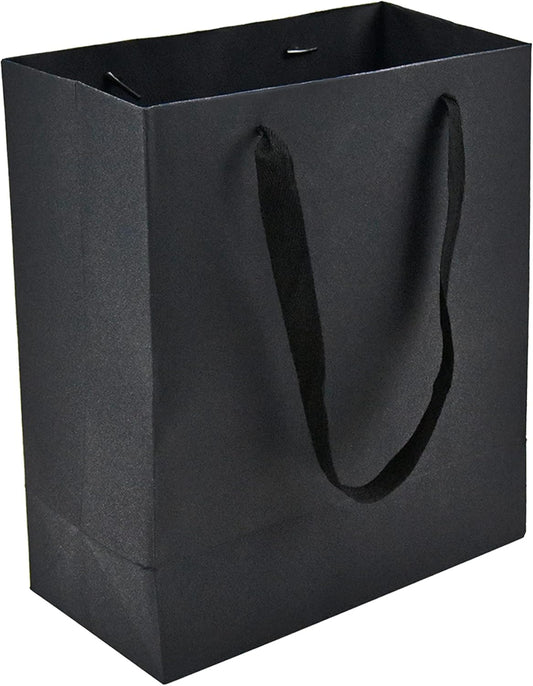 HUAPRINT 30 Pack Black Gift Bags with Ribbon Handles,10x4.5x11 inch Paper Bag Bulk for Shopping Party Favor Merchandise Business Wedding