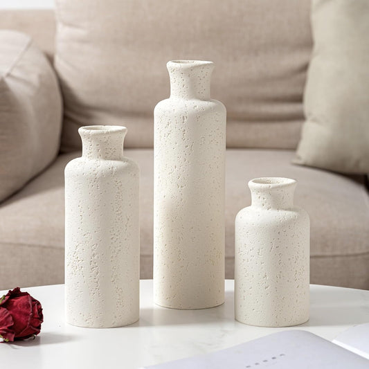 Flower Vase Set, Stone Look, 3 PCS Small Decorative Bud Vases for Pampas Grass, Farmhouse Decor, Kitchen, Living Room, Bathroom, Bedroom, Office, Shelf Centerpiece Table Decoration (White)