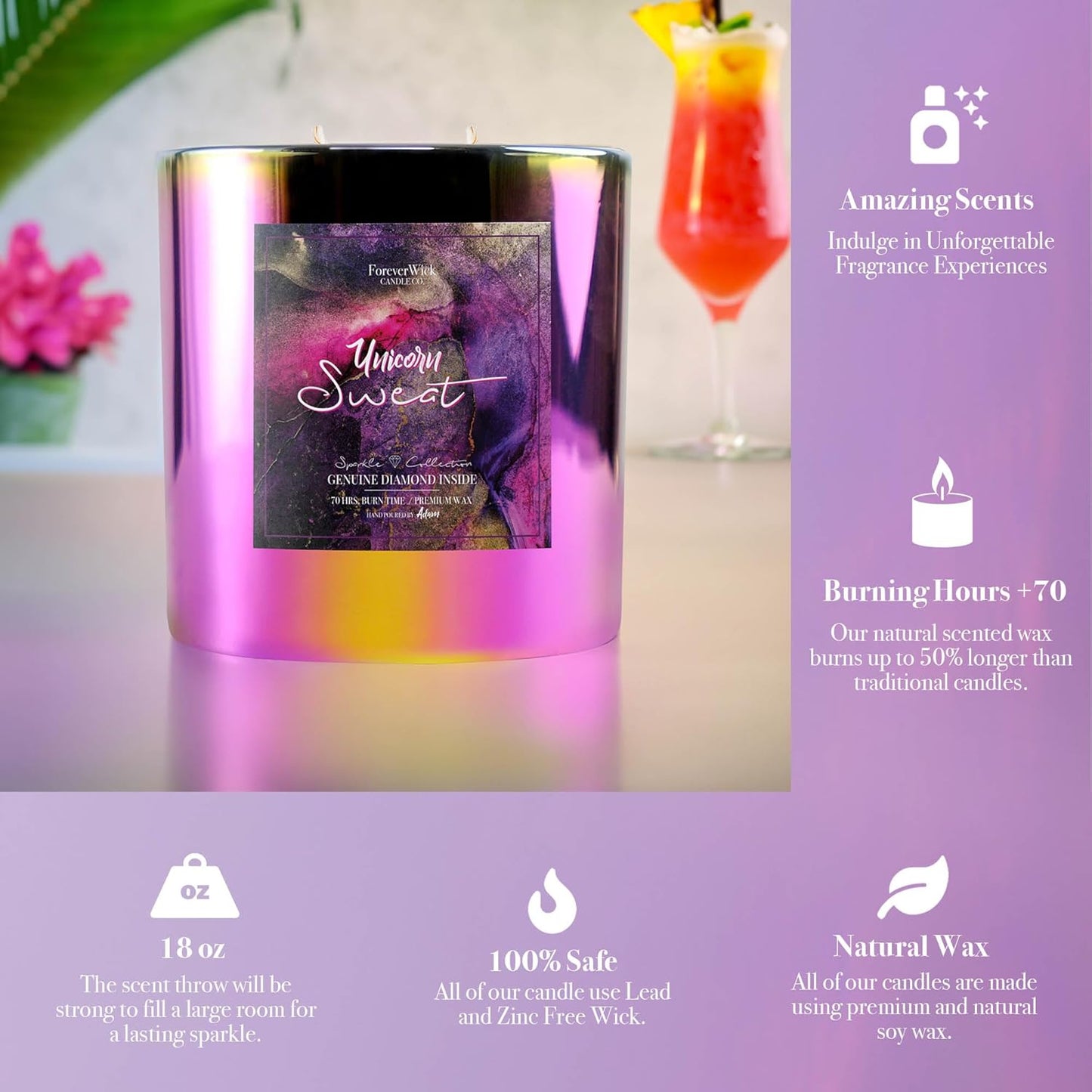 Unicorn Sweat Pina Colada Sparkle Surprise Candle with Diamond Inside | Foreverwick Candles | Scented Soy Candles Gifts for Women Aromatherapy Candle Wax | All-Natural Organic Soy Candle 14oz 70h