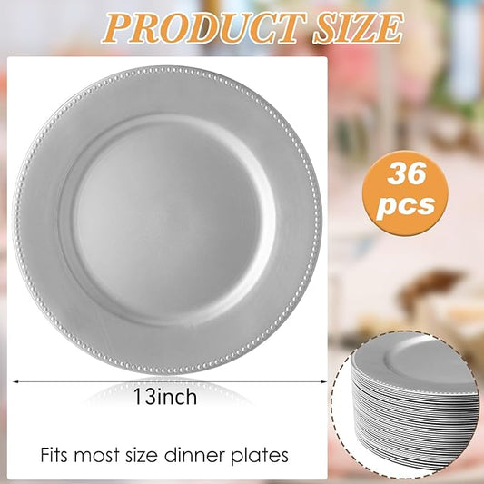 Jinei 36 Pack Silver Charger Plates 13 Inch Plastic Beaded Round Charger Plates Wedding Table Decoration Reusable Dinner Plate Tray for Birthday Party Holiday Event