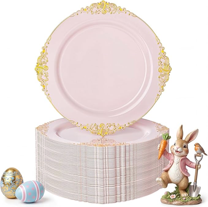 Nervure 100PCS Pink and Gold Plastic Plates - 7.5 inch Pink Plastic Plates with Gold Rim - Disposable Dessert Plate for Wedding & Party & Easter