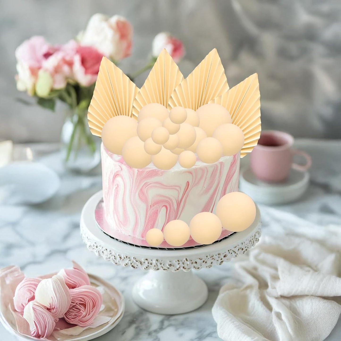 Ephlyn 28Pcs Paper Palm Fan Cake Topper Balls Cake Pick for Baby Shower Wedding Bridal Shower Birthday Party DIY Party Cake Decorations Supplies Beige