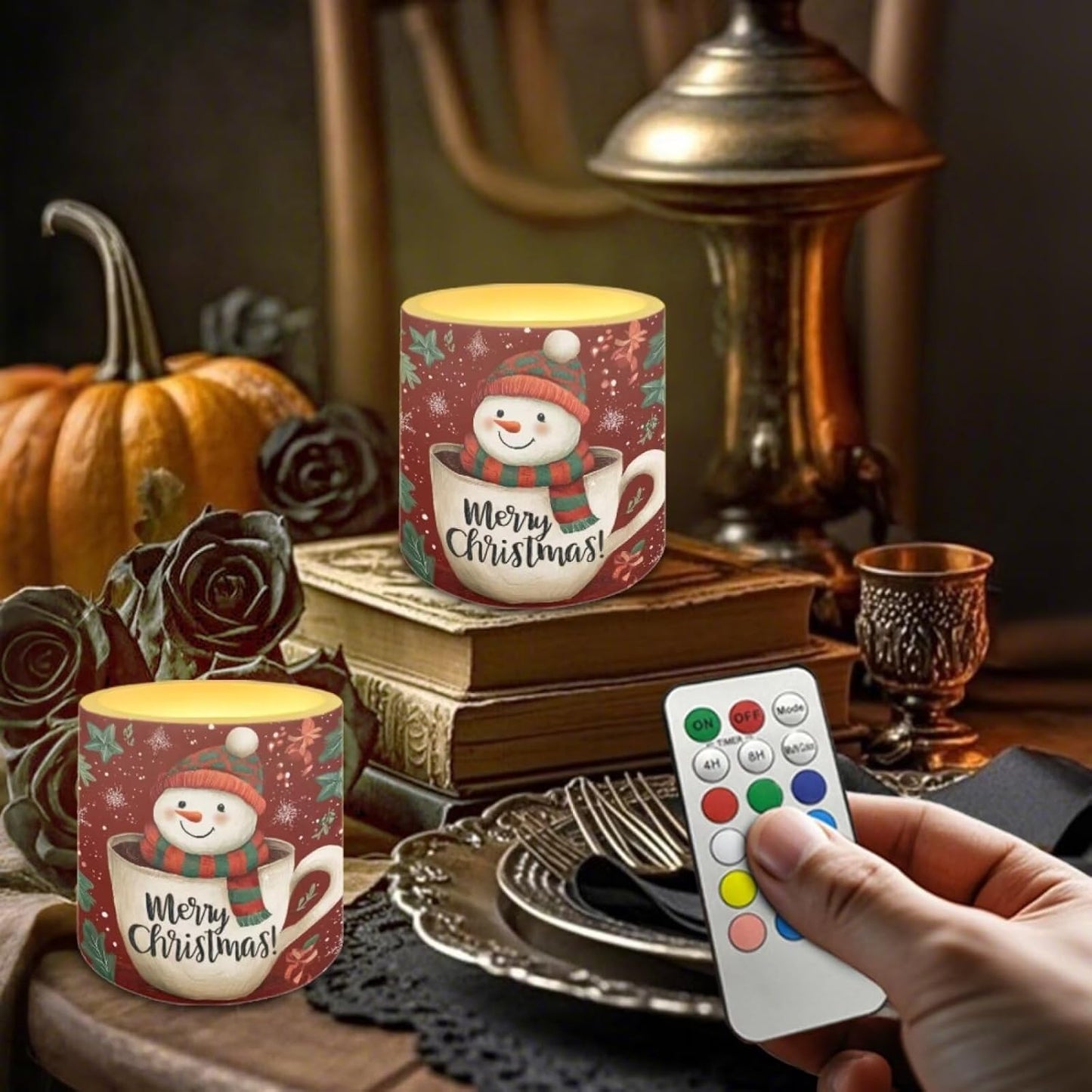 Poceacles Christmas LED Candles Set of 4 Battery Powered Flameless Candles with Multi-Color Lighting Options, Timer Function, for Indoor Outdoor Decor, Snowman Teacup Merry Christmas Red