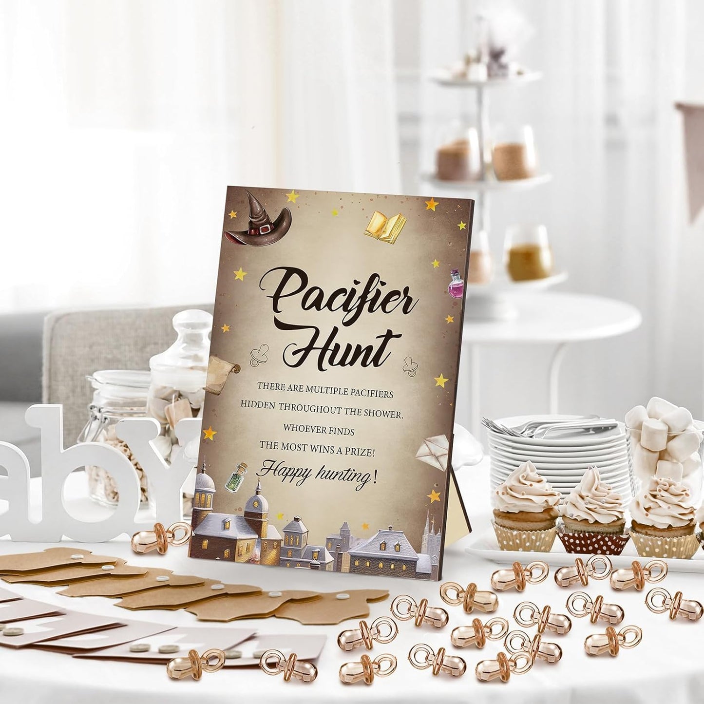 Thyle 51 Pcs Pacifier Hunt Baby Shower Games Include Hunt Sign and 50 Acrylic Pacifiers for Baby Shower Game Decoration Gift Sets Gender Reveal Party Decor(Magical Wizard)