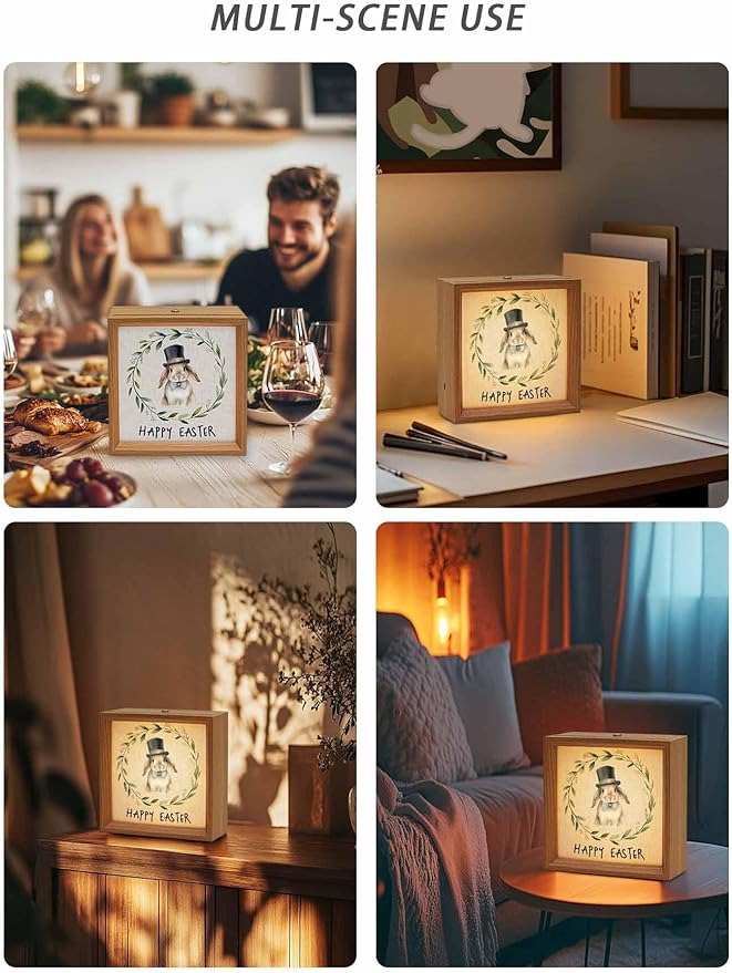 Happy Easter Bunny Garland Wooden LED Night Light USB Rechargeable Dimmable Touch Table Light for Home Decor Eucalyptus Leaf Retro Linen Wood Picture Frame Box,6.5X6.5IN