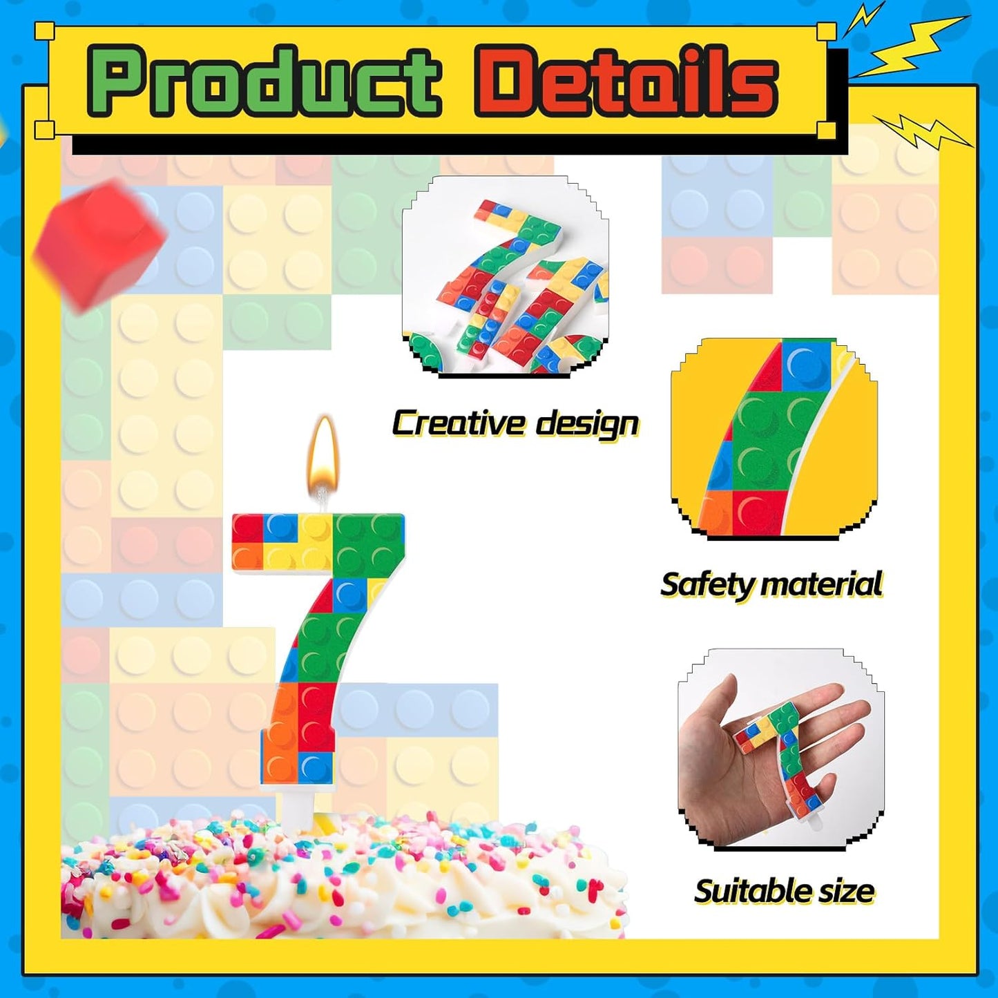 Building Block Themed Birthday Candle Number 7 Candle Birthday Party Decoration Cake Topper for Building Block Party Decoration Theme Party Supplies (Number 7)