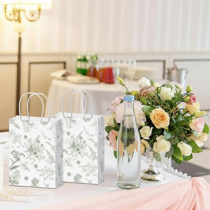 Gueevin 24 Pcs Sage Green Floral Gift Bags Bulk Flower Party Small Paper Bags with Handles Decorative Packaging Goodie Candy Treat Pouches for Wedding Birthday Tea Party, 5.9 x 8.3 x 3.1 Inch