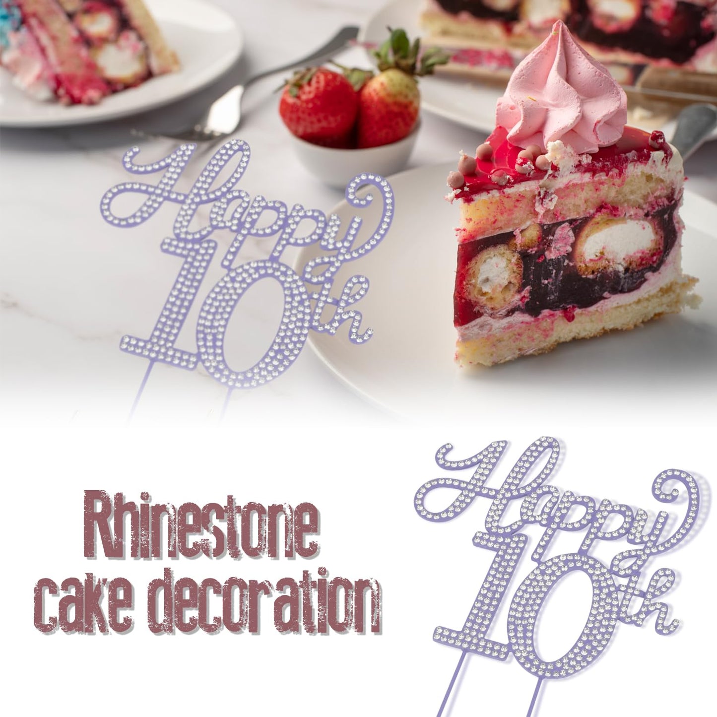 LASKYER Happy 10th Birthday Decorations,10th Birthday Purple Rhinestone Cake Topper - Cheers to Ten Years Old Bday Party Metal Sparkly Cake Centerpieces Sign.