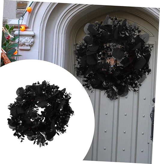STOBAZA Halloween Eucalyptus Leaf Wreath Black Artificial Decorations Front Door Hanging Garland Eucalyptus Leaves Garland Halloween Theme Decor