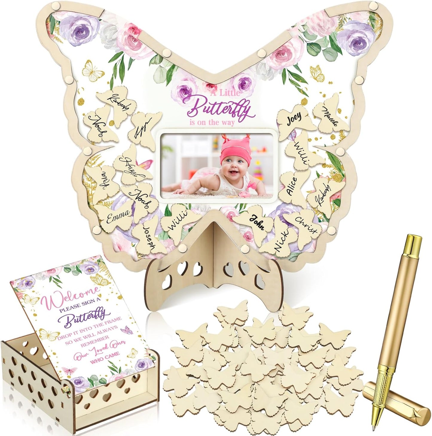 Wenqik 63 Pcs Butterfly Baby Shower Guest Book Alternatives Set Baby Shower Decorations with Photo Frame Sonogram Frame Keepsake 60 Wood Slices Guest Book for Birthday