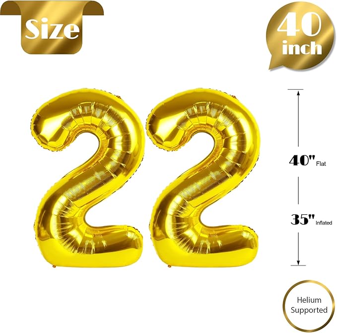 Gold Number 22 Balloon 40 inch, 22 Number Balloons, 22nd Gold Birthday Decorations, 22 Year Old Women Men Golden Party Supplies