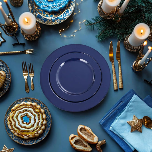 FLOWERCAT 100PCS Blue Plastic Plates - Heavy Duty Blue Disposable Plates for Possover Party/Wedding/Hanukkah - Include 50PCS 10.25inch Dinner and 50PCS 7.5inch Dessert/Salad Plates for 50 Guests