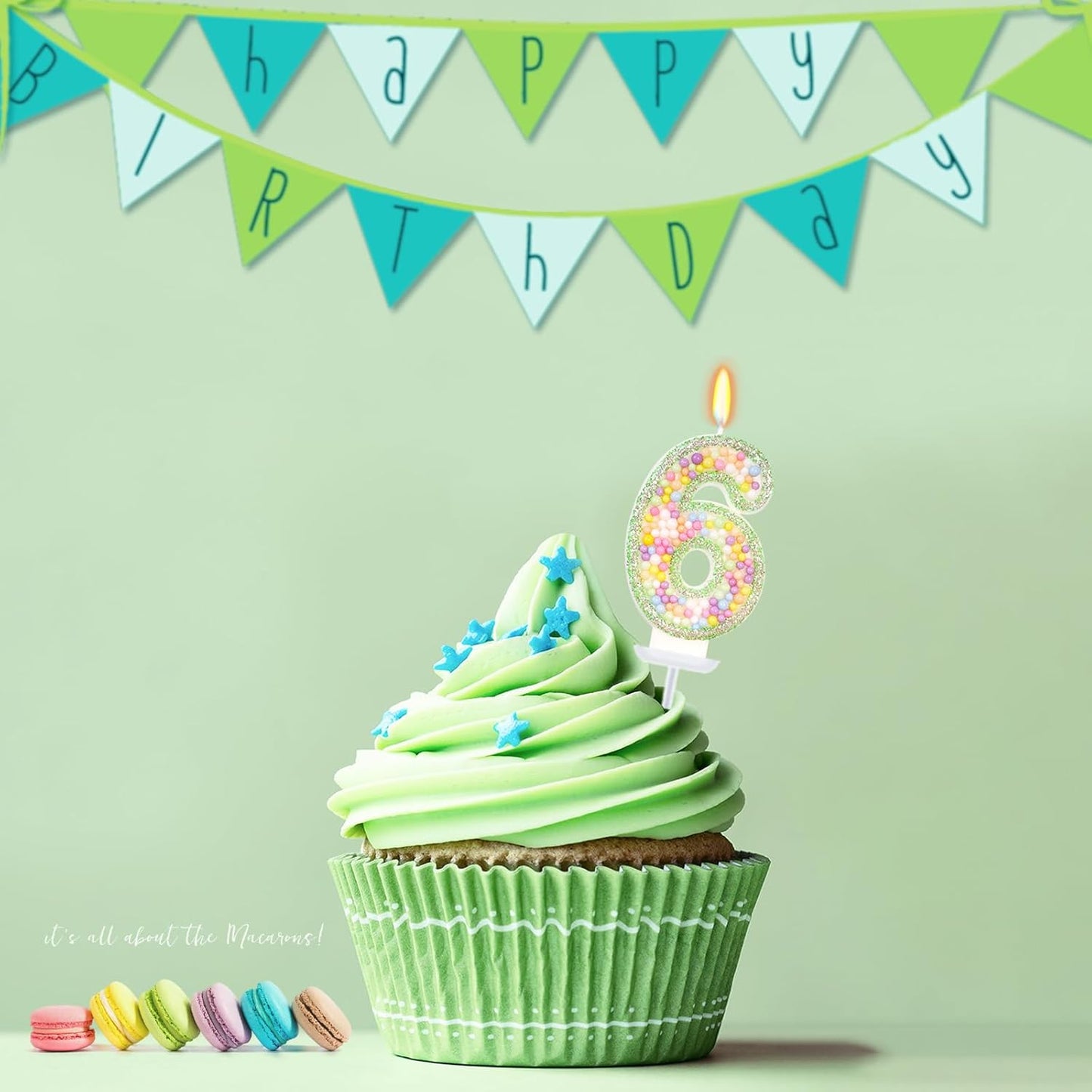 Birthday Candles - Number 6 Candle, Colorful Macaron Candles for Boys/Girls, Green Cake Decorations, Dinosaur Themed Party Supplies