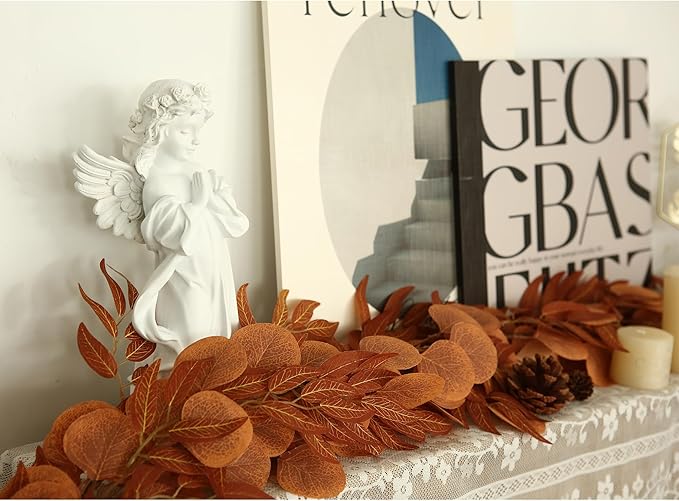 Greentime 2 Pack Artificial Autumn Eucalyptus Garland 6.5 Feet Fake Fall Leaf Garland for Thanksgiving Wedding Table Runner Fireplace Decor