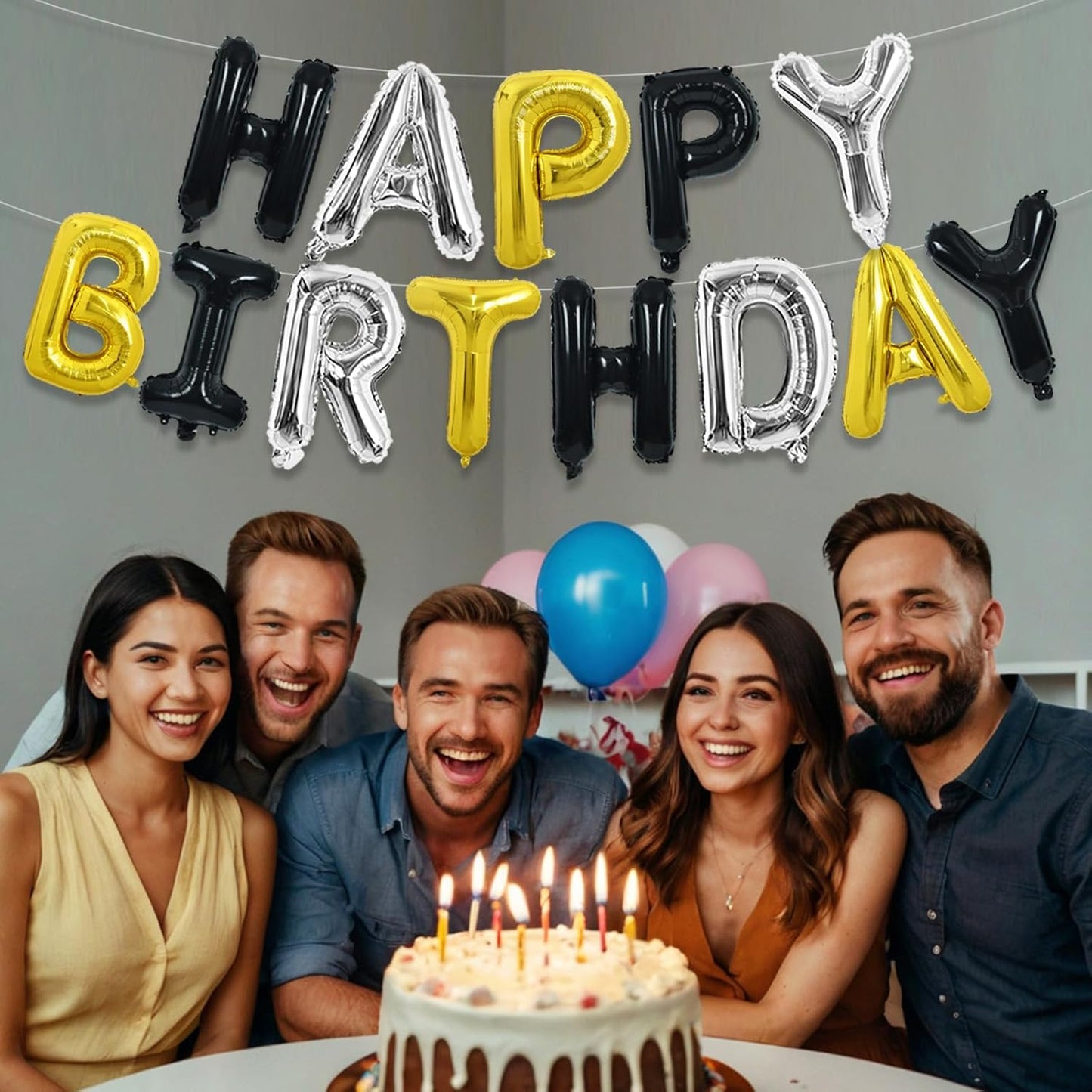 TONIFUL Happy Birthday Balloons Banner 16 Inch Mylar Foil Letters Birthday Sign Reusable for Girls Boys Kids & Adults Birthday Party Decorations Supplies（Black Silver Gold）