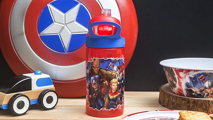 Zak Designs 5-Piece Dinnerware Set, Marvel Universe - Durable Plastic & Stainless Steel - Includes Water Bottle, 8-Inch Plate, 6-Inch Bowl, Fork & Spoon - Suitable for Kids Ages 3+