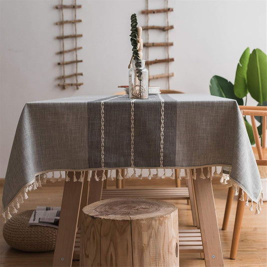 Cotton Linen Tablecloth, Tassel Stitching Table Cloth, Wrinkle Free Farmhouse Table Cover for Kitchen Dining, Party, Holiday (Rectangle, 55''x86'', 6-8 Seats, Gray)